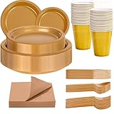 WELLIFE 210Pcs Gold Plastic Plates, Disposable Dinnerware Set,Party Supplies Including Gold plates, 12OZ Cups, Plastic Cutlery and Paper Napkins Serve 30 Guests