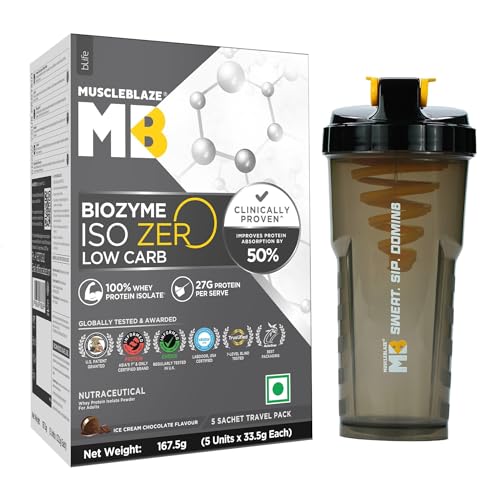 MuscleBlaze Biozyme Iso-Zero, Low Carb Whey Protein Isolate Powder, Ice Cream Chocolate (5 * 33.5g) + Cyclone Blender Gym Shaker (700ml)