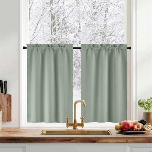 PONY DANCE Kurze Scheibengardinen Salbeigrün Küche Bistrogardine 2er Set...