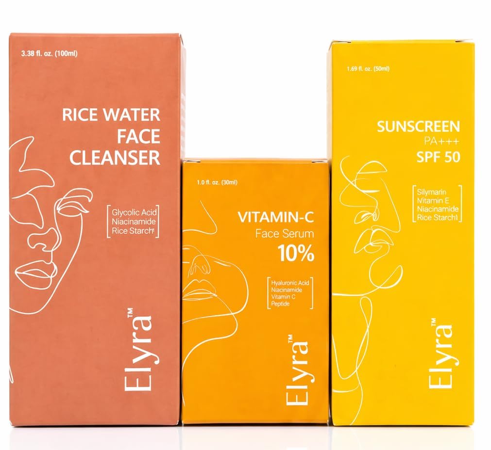 Elyra Daily Skincare Combo | Rice Water Face Cleanser (100ml) + Vitamin C Face Serum 10% (30ml) + SPF 50 PA+++ Sunscreen (50ml) | Niacinamide, Hyaluronic Acid & Rice Starch | Brightening, Hydrating & Sun Protection for All Skin Types-image-17