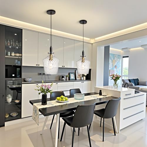Image of Stripes Clear Glass Pendant Light for Kitchen Island Black Gold 8 Inch | Adjustable cord Dimmable, E26 bulbs, Rust-resistant Damp Rated For Bathrooms, 5-Year Manufacturer Warranty, UL Certification