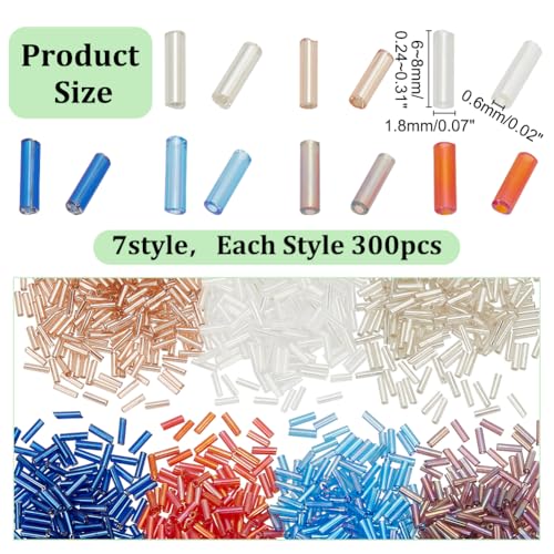 HOBBIESAY 2100Pcs 7 Colors Glass Bugle Beads 6-8mm Long Tube Loose Beads Colorful Seed Spacer Beads Small Craft Beads for DIY Bracelet Necklaces Earring Jewelry Making,Hole:0.6mm - Image 2