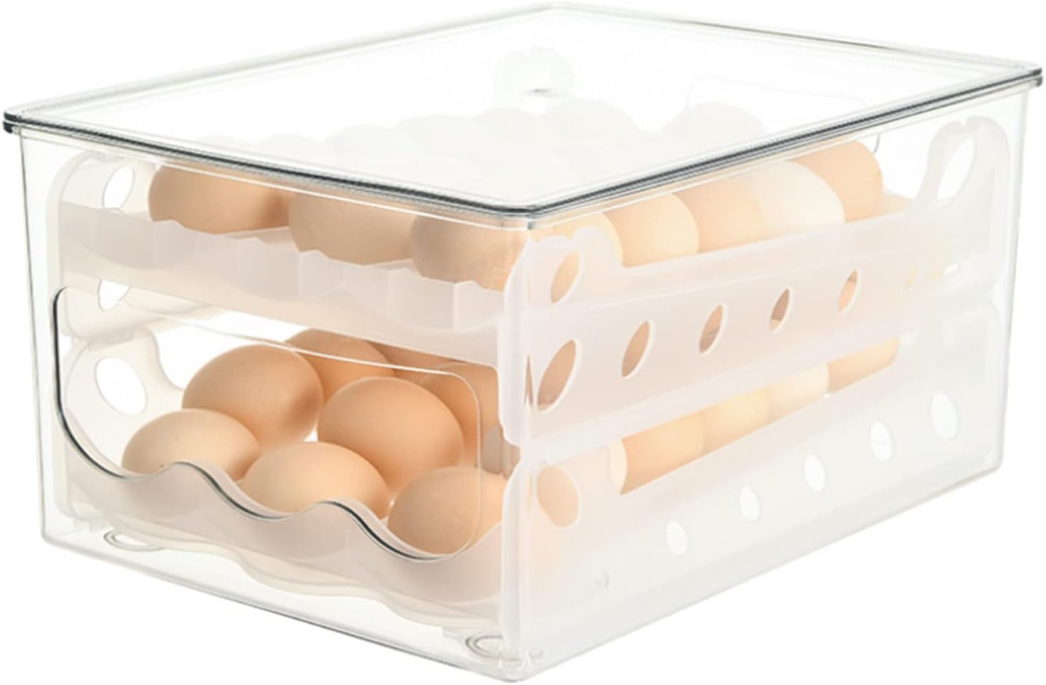 Large Capacity Egg Storage Box Drawer Type Egg Storage Box Double Layers Eggs Storage Container Refrigerator Egg Fresh-Keeping Box-Transparent 12.4x9.4x6.3inch