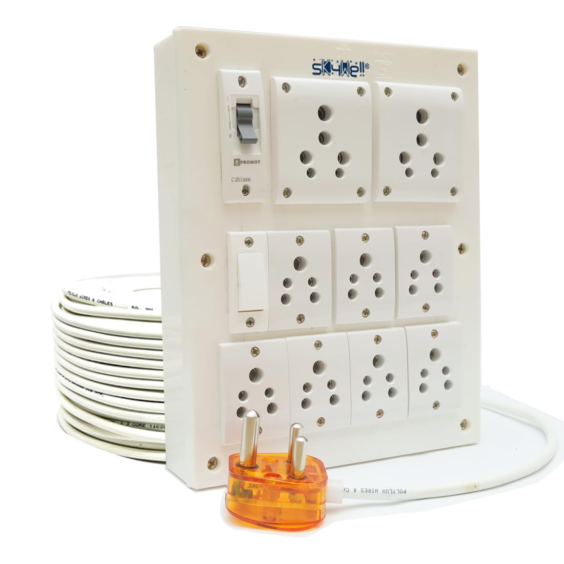 SKYWELL 16Amp-2 Outlet & 7Plug of 6Amp with MCB & Indicator Heavy Dute Extension Board with 1.5Sq MM 3Core Cable3 Meter