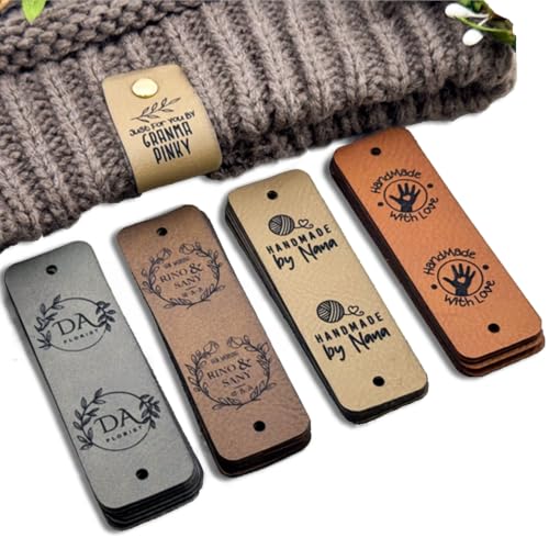 Customized Faux Leather Knitting Labels with Rivets 3 x 0.95 Inch Personalized Tags for Knitting Label for Knit Items Garment Labels for Scarves and Hats & More