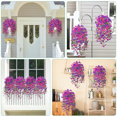 Image of Bassion 2 Packs Artificial Hanging Flowers for Outdoors, Purple Fuschia