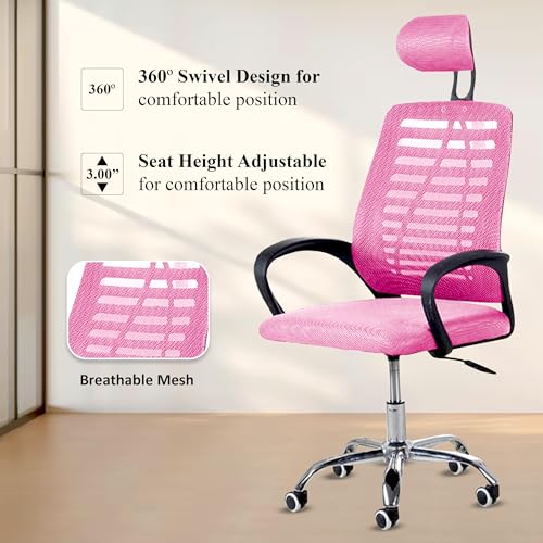 Image of Casa Copenhagen,Mesh Office Desk Chair,Rocking Chairs Ergonomic Computer Chair Adjustable High with Headrest and Comfortable Armrest Swivel Chair - Cherry Pink & Black Handle