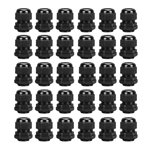 30PCS M20 20mm IP68 Waterproof Black Cable Glands, Waterproof Cable Glands for 6mm-12mm Cables, Nylon Compression Cable Gland with Locknut, Washer, and Rubber Seals for Electrical Applications