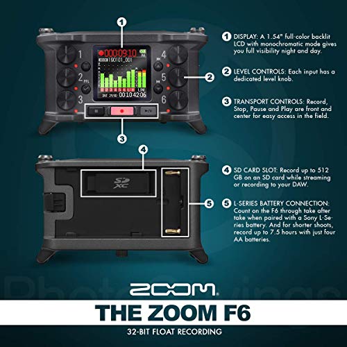 Zoom F6 6-Input / 14 Track Multi-Track Ultra-Compact Field Recorder + Q6 Dynamic Handheld Microphone and SR360 Over-Ear Dynamic Stereo Headphones with Deluxe Accessories Package