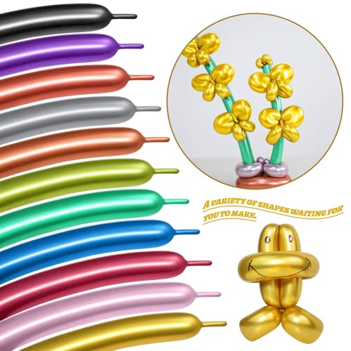 Image of LXZFCRG 260 Long Balloons, Shiny Metallic Latex Twisting Balloon for Balloon Animals, Magic Balloons for Birthdays Wedding Party Decorations 100pcs (Metallic Multi)