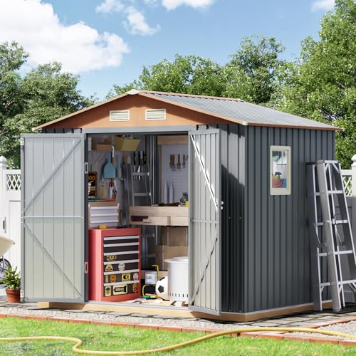 6x8FT Metal Shed & Outdoor Storage Shed with Floor Frame,Steel Tool Multi-Used Shed with Vents,Lockable Doors,Window,Compact Tool Shed for Backyard, Patio, Lawn and Garden Various Storage(Matte Gray)