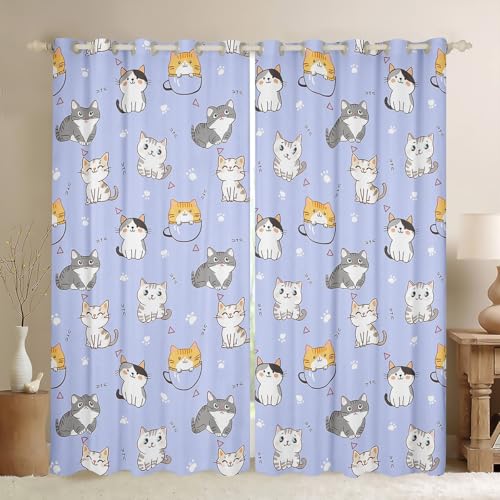 Erosebridal Girls Kitten Curtains Cartoon Cat Blackout Curtains for Kids Teen, Pet Lovers Curtains & Drapes Cute Animal Bedroom Curtains, Kawaii Window Treatments Cute Cat Paws Room Decor, Purple