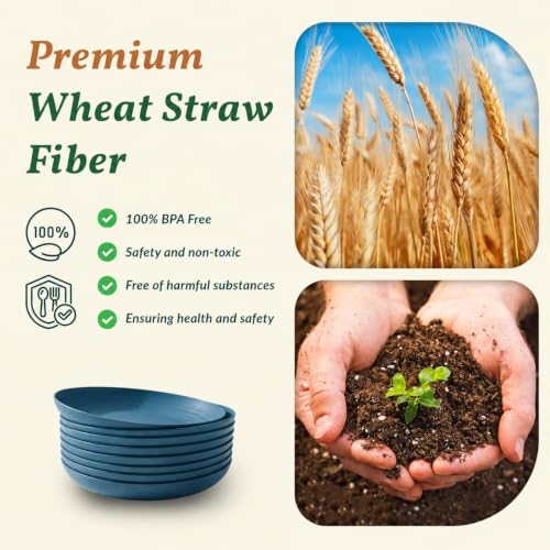 Image of Homienly Unbreakable 8 Pcs Deep Dinner Plates Reusable Plastic Wheat Straw Plates Set Lightweight Kitchen Plates for Salad, Lunch, Dessert, Microwave & Dishwasher Safe Plates for Camping (Blue, 9 In)
