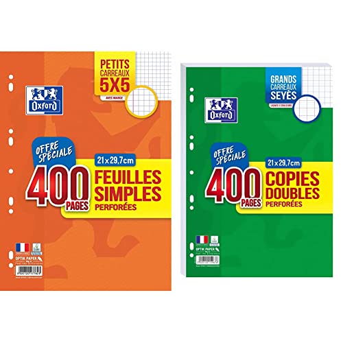 OXFORD Lot 400 Pages Copies Doubles Grands Carreaux Seyès Format A4 (21x29,7cm) Perforées