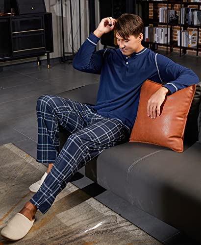 Image of Yoimira Mens Soft Pajama Set Short /Long Sleeve 2 Piece PJs with Pockets | Men's short /long sleeve pajama set, soft 2 piece PJs with pockets for sleepwear, loungewear, relaxing at home and nightwear