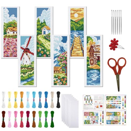 FREEBLOSS 6 Set Cross Stitch Bookmark Kit Stamped Cross Stitch Kit Rural Scene Stamped Embroidery Bookmark with Instruction Cross Stitch Kits for Adults DIY Bookmark Kit 8''x2.4''