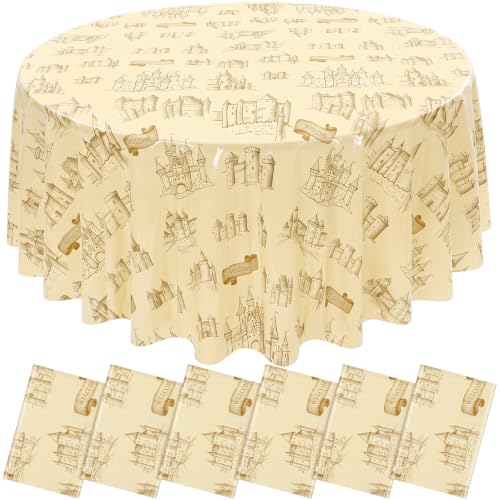 Image of Hahafelt 6 Pcs Magical Wizard Plastic Tablecloth 84 Inch Round Disposable Wizards Themed Halloween Table Cloth Magical Vintage Castle Circular Table Cover for Halloween Witch Birthday Party Supplies