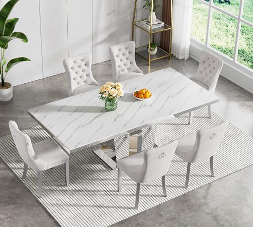 Image of White Faux Marble Extendable Dining Table Set for 6 Mirrored Base | 63 inch-94 inch Mirrored Pedestal Dining Set with 6 Velvet Chair,Modern Large Expandable Kitchen Table Set for Dining Room Gathering