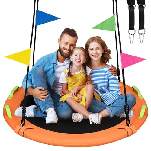 Image of 48 inch Tree Swing, Larger Saucer Flying Swing for Whole Family, 900lbs Weight Capacity, with Adjustable Hanging Straps, for Outdoor Playground, Orange