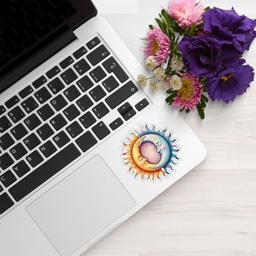 Image of Sun Moon Face Vinyl Waterproof Sticker Decal for Laptop Water Bottle Car Bumper Mystical Celestial Art Sticker 5 Inch