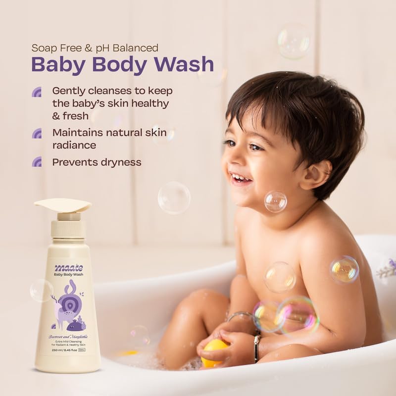 Image of Maate Baby Body Wash 250 ml & Diaper Rash Cream 70 ml Combo | Natural Care with Beetroot, Aloe Vera & Avocado Oils | Tear-Free, Soothing, pH Balanced for Sensitive Skin | Babies & Kids 0m+