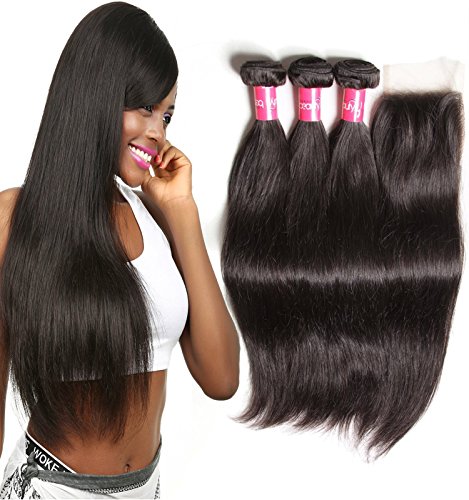 Beauty Forever Hair Virgin Brazilian Weave Straight Hair 3bundles with 1 Piece Lace Closure 100% Unprocessed Human Hair Extensions Natural Color (18 20 22+14free Part Closure)