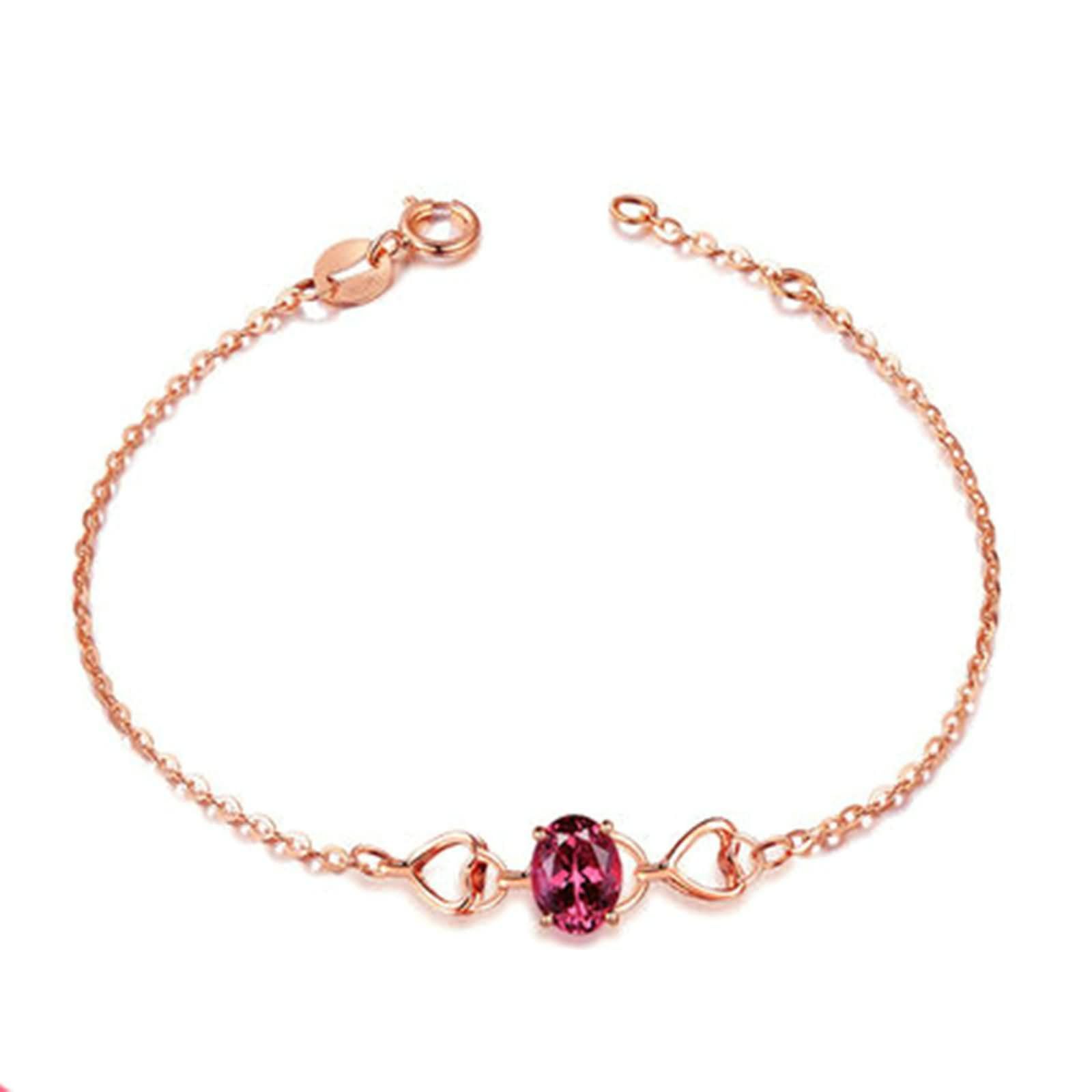 Pulsera para Mujer de Oro Rosa 9 Kilates / 14 Kilates / 18 Kilates, Corazón Hueco y Oval con Turmalina, Cadena Extensible 16 CM + 5 CM, Pulsera Mujer Ajustable de Oro Rosa