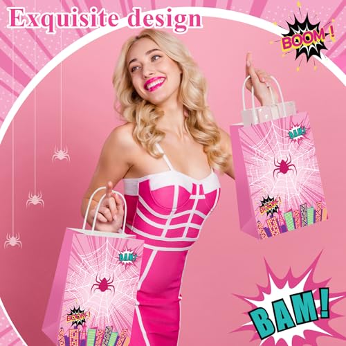 Image of Henoyso 24 Pcs Pink Spider Party Favor Goodie Bags with Handles Pink Ghost Theme Birthday Decorations Treat Candy Snack Gift Bags for Baby Shower Birthday Party Supplies