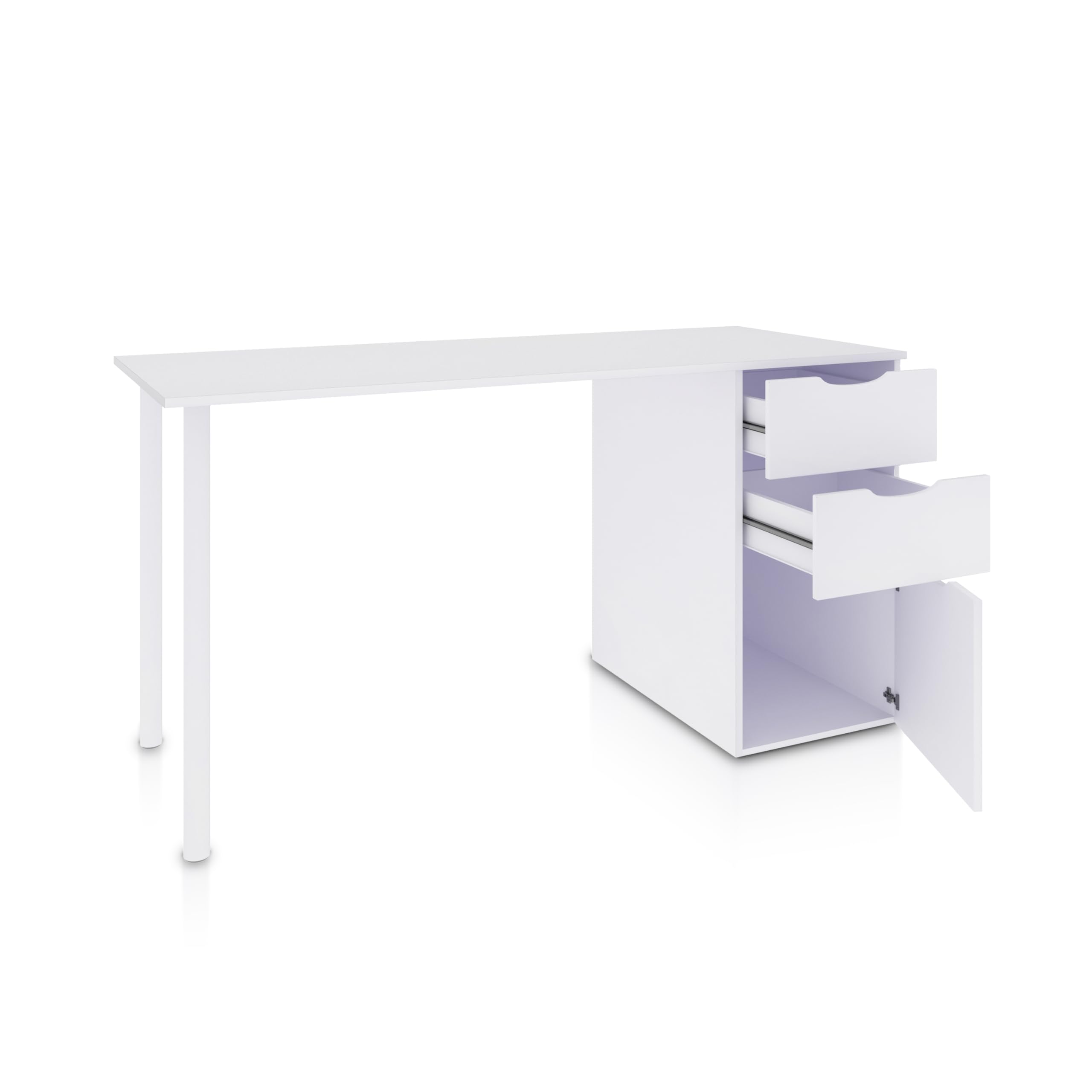 duehome | Mesa Ordenador Reversible con 2 Cajones y 1 Puerta, Mesa Despacho, Escritorio, Modelo Luma, Acabado en Color Blanco Artik, Medidas: 138 cm (Ancho) x 60 cm (Fondo) x 74 cm (Alto)