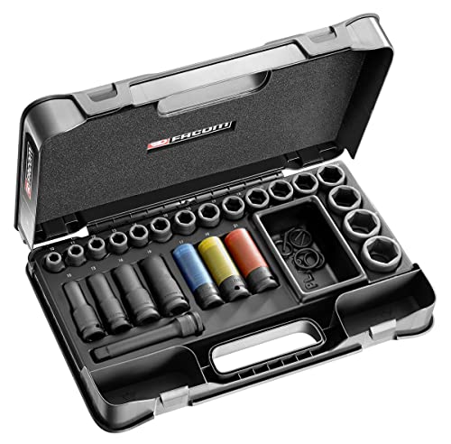 FACOM Coffret de Douilles Impact 27 Pièces 1/2 6 Pans Composition Douilles à Choc Courtes et Longues 10 à 32 mm NS.550BPB