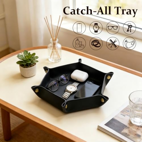 Image of boshiho Valet Tray for Men, Leather Jewelry Catchall Key Phone Coin Box Change Caddy Bedside Storage Box (Jet Black)