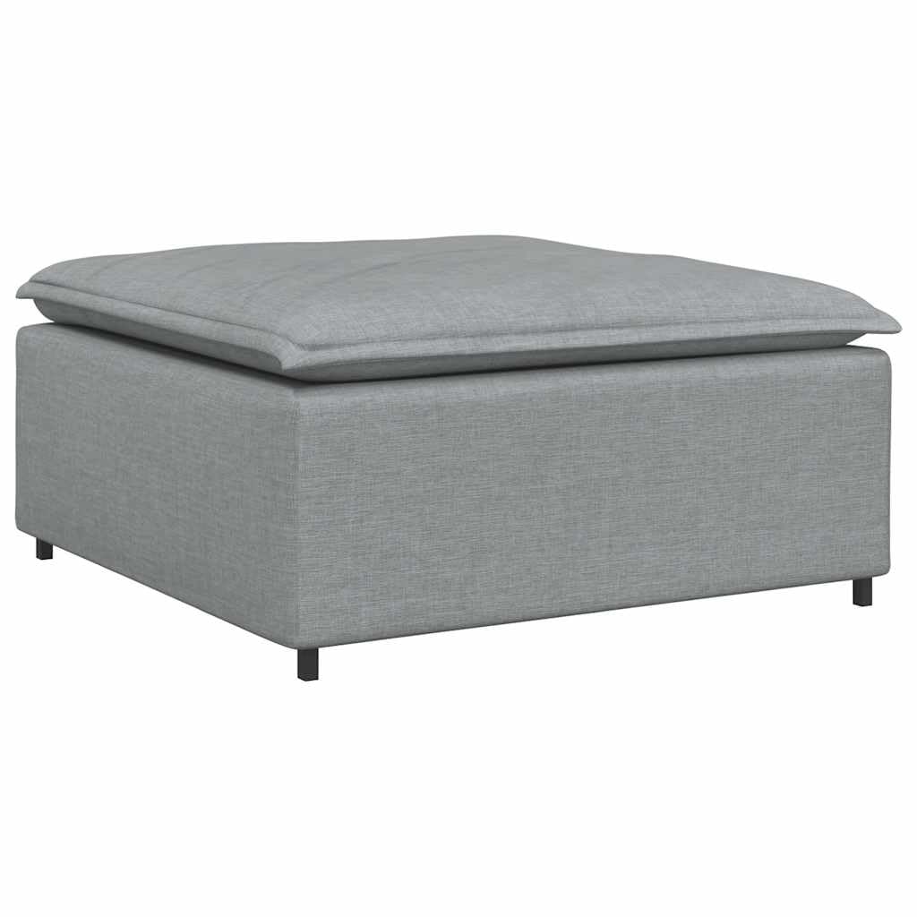 Modułowa sofa jasnoszara z podnóżkiem i poduszką, sofa do zabudowy, narożnik z metalowym stelażem, modułowy design, komfort siedzenia do salonu i wypoczynku