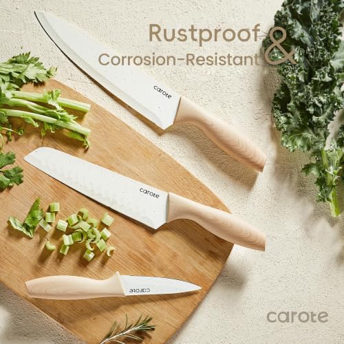 Image of CAROTE 12-Piece Knife Set, Knives with Wood-Grain Finish Handles, White