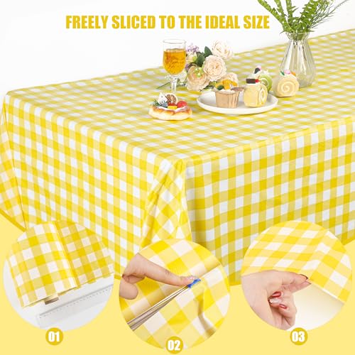 Image of Kochorie 54 Inch x 300 Ft Light Yellow Checkered Plastic Table Cloth Roll Disposable Waterproof Table Cover Plastic Table Cover Roll with Easy Slide Cutter for Outdoor Picnic /Home Dining /Spring Party