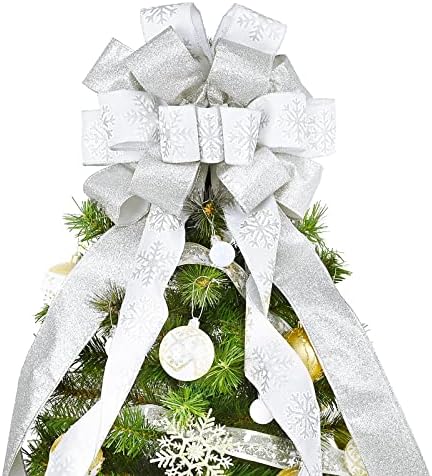 White Christmas Tree Topper, 40x13 Inches Toppers Bow with Glitter Satin Mesh Streamer and Patterned Ribbon, Christmas Tree Topper Bow for Christmas Home Decoration