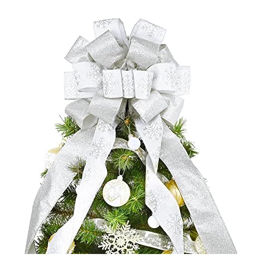 White Christmas Tree Topper, 40x13 Inches Toppers Bow with Glitter Satin Mesh Streamer and Patterned Ribbon, Christmas Tree Topper Bow for Christmas Home Decoration