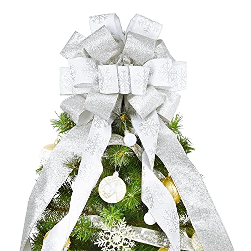 Christmas Tree Topper, 40x13 Inches Toppers Bow with Glitter Satin Mesh Streamer and Patterned Ribbon, Christmas Tree Topper Bow for Christmas Home Decoration (White) by CANGBI - Used condition - US$10.68