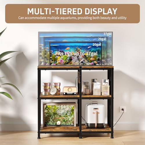 Image of 20-29 Gallon Fish Tank Stand with Power Strip, 3-Tier Metal Aquarium Stand, 31.5 inch L x 16.5 inch W for 20 Gallon Long Aquarium, 400 lbs Capacity, Retro Brown