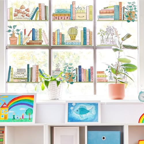 FYSUIMU Boho Bookshelf Window Clings Back to School Potted Plant Window Stickers Double-Sided Glass Decals for Home Classroom Office Party Decoration 9 Sheets