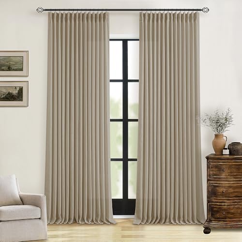 Image of Pleated Linen Curtains 90 Inches Long for Living Room Pinch Pleat Hooks Track System Back Tab Custom Made Memory Shape Drape Privacy Protection Grey Beige Living Room Bedroom Window Curtain 90 Inch