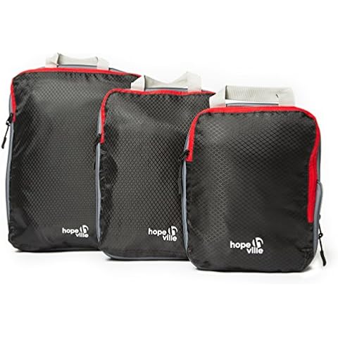 HOPEVILLE Packtaschen Set mit Kompression, 3-teilige Premium Koffertaschen für perfekt organisiertes Reisegepäck, ultraleichte Reise Organizer und Kleidertaschen für Rucksack, Koffer und Handgepäck Cover