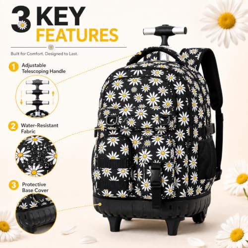 Image of CCJPX Rolling Backpack for Girls, 3Pcs Roller Wheeled School Bookbag, Daisy Wheels Backpacks with Lunch Box for Kids (Black)
