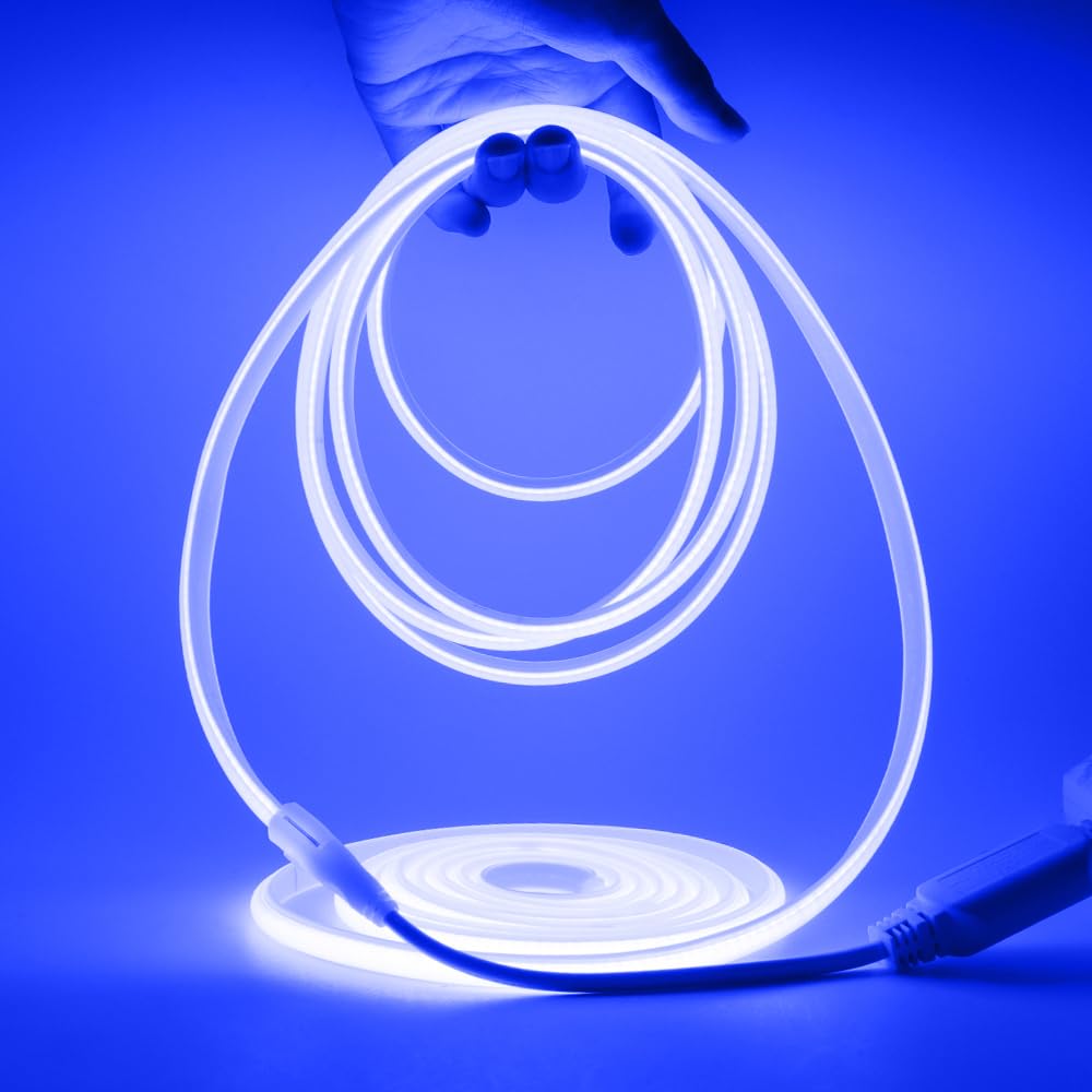 HEGEHE Dimmable COB Neon Light Strip with 220V Dimmer Switch, Cut to 50cm, 288LED/m Flexible and Waterproof Silica Gel Rope Light(7m, Blue)