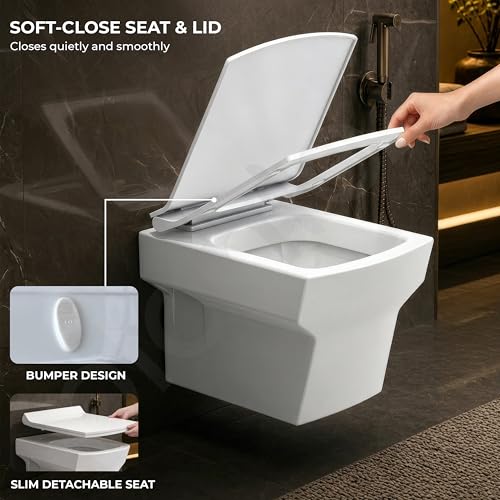 Image of Plantex Commode for Toilet /Ceramic Western Toilet /Square Wall Hung Commode with Soft Closing Toilet Seat - P Trap Outlet - (White)
