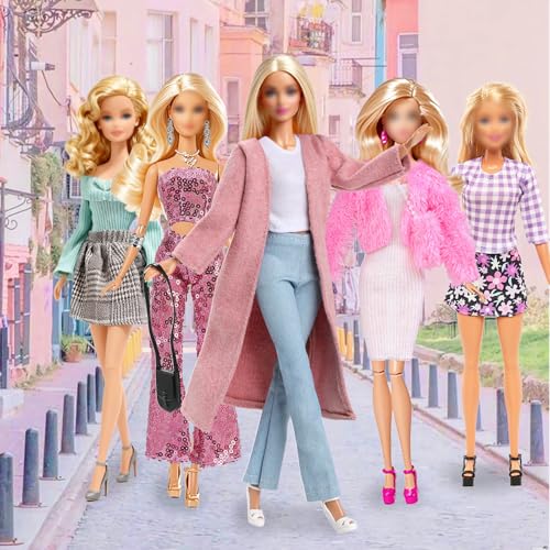16 Stück Kleidung und Zubehör für 11,5 Zoll Puppen, Rosa Mantel Hahnentrittmuster-Kleid Lässiges Set Zufällige Auswahl von 3 Outfits 6 Schuhe 2 Handtaschen 1 Ohrringe 1 Armband für Mädchen Geschenk