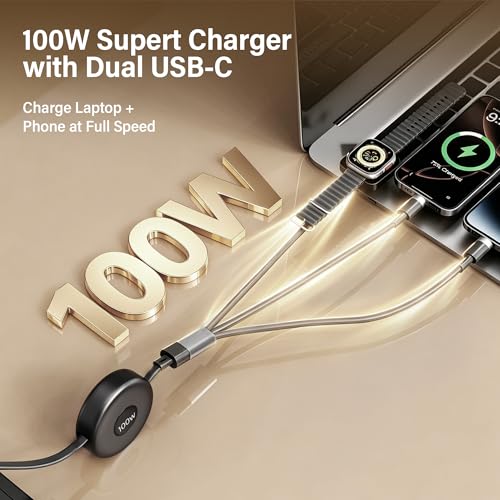 100W Retractable Multi Charging Cable for Apple Watch Charger,Dual USB C - image 6