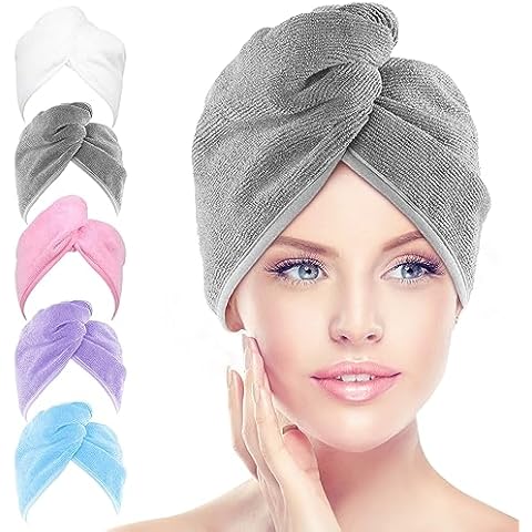 AIDEA Microfiber Hair Towel Wrap, 5 Pack Hair Turbans, Super Absorbent Quick Dry Hair Towel Wrap for All Hair Types Anti Frizz, Hair Accessories for Women, 26"×10" Cover