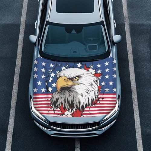 Image of USA Flag Car Hood Cover Elastic Car Hood Cover Banner 3D Eagle Car Hood Dust Covers 4th of July Automobile Front Hood Cover Cars Sedan Accessories