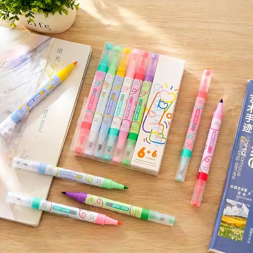 Image of WISHKEY Double-Head Color Overlay Marker Pens, Non-Toxic Ink Marker, Quick Drying Colorful Highlighter Pens for Multipurpose, Stationery Items for Kids and Adults, 8+ Years (Pack of 6, Multicolor)