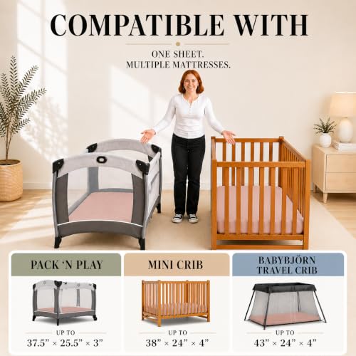 Image of Signature Pack and Play Sheet - Organic Mini Crib Sheets Fitted 1 Pack - Hearitage Aegean Turkish Cotton 38x26 Compatible with Graco Pack n Play Playard Crib and Playpen Mattress - Playard Bedding